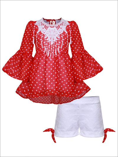 Girls Crochet Fringe Bib Boho Sleeve Tunic & Cuffed Bow Shorts Set - Red / 2T/3T - Girls Spring Casual Set