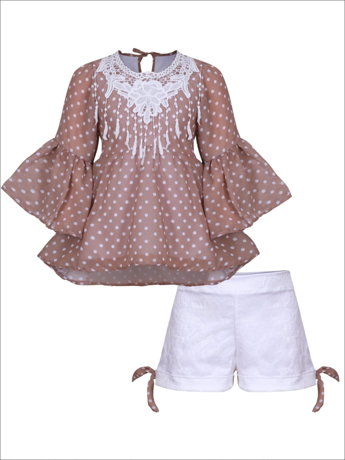 Girls Crochet Fringe Bib Boho Sleeve Tunic & Cuffed Bow Shorts Set - Taupe / 2T/3T - Girls Spring Casual Set