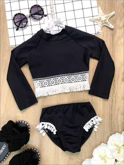 Girls Crochet Hem Top and Pom Pom Bottom Rash Guard Two Piece Swimsuit - Black / 2T/3T - Girls Two Piece Swimsuit
