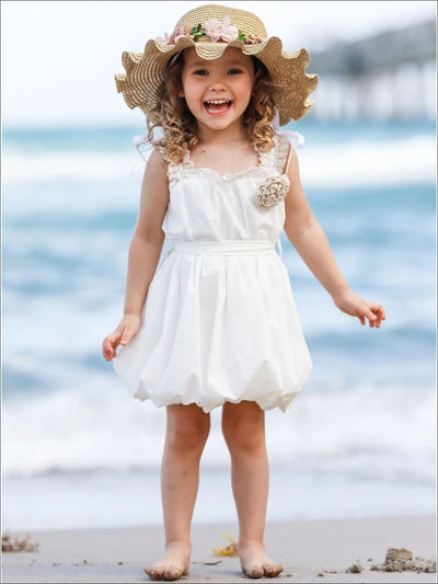 Girls Crochet Strap Bubble Dress with Sash & Flower Clip - Girls Spring Casual Dress