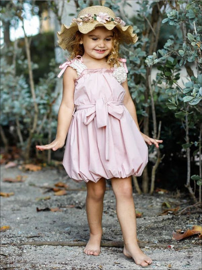 Girls Crochet Strap Bubble Dress with Sash & Flower Clip - Pink / 2T/3T - Girls Spring Casual Dress