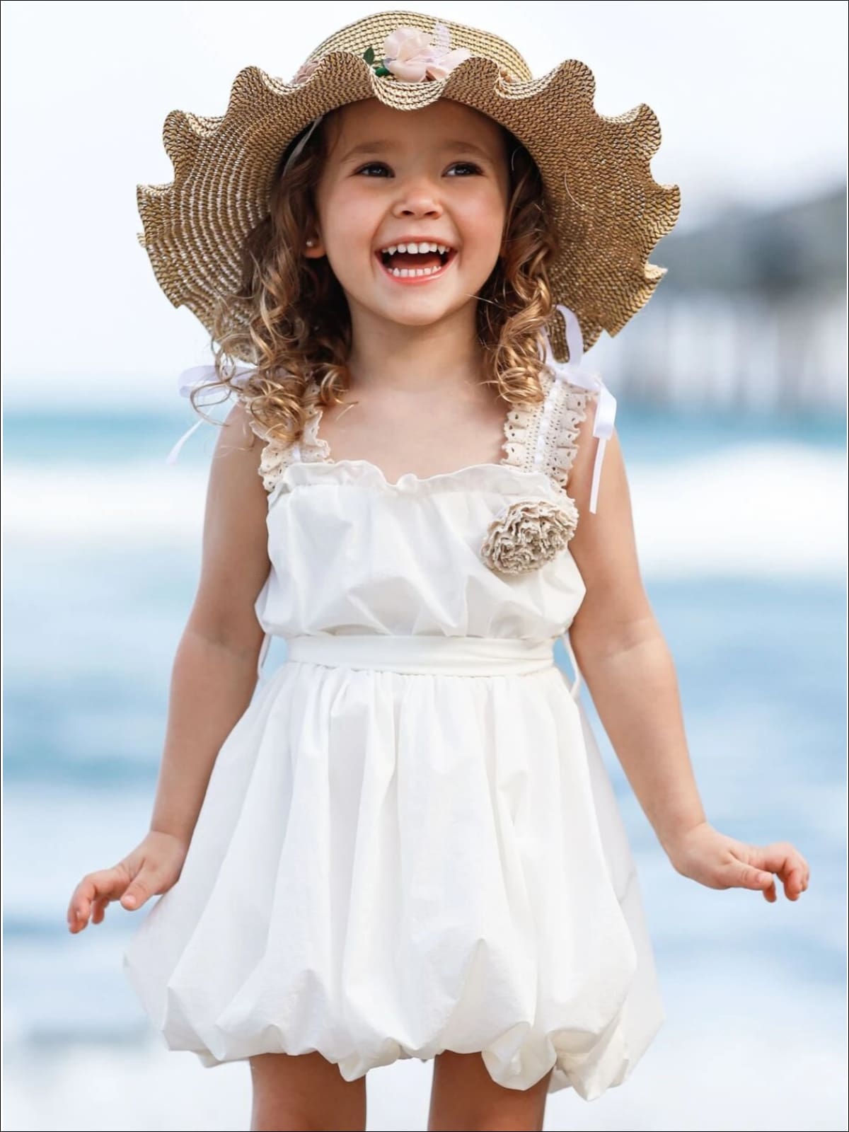 Girls Crochet Strap Bubble Dress with Sash & Flower Clip - White / 2T/3T - Girls Spring Casual Dress