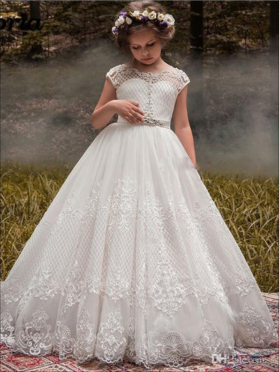 Mia Belle Girls Communion Dress | White Embellished Gown With Train