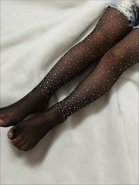 Girls Black Crystal Embellished Sparkle Fishnet Tights