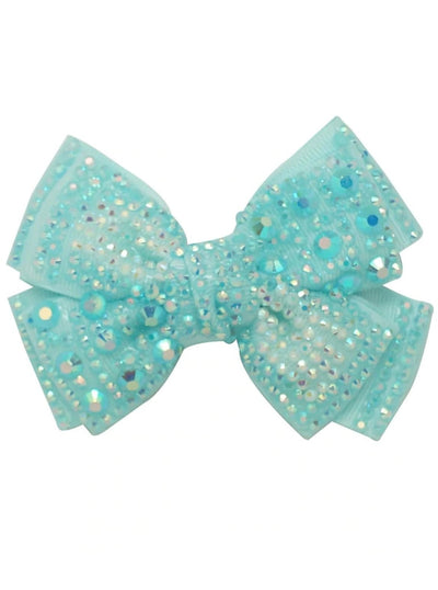 Girls Crystal Rhinestone Embellished Bow Hair Clips - Mint - Hair Accessories