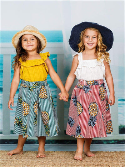 Girls Cute Sleeveless Ruffled Shirt With Pineapple Striped Skirt - Girls Spring Casual Set
