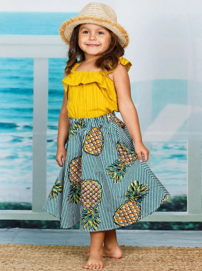 Girls Cute Sleeveless Ruffled Shirt With Pineapple Striped Skirt - Girls Spring Casual Set