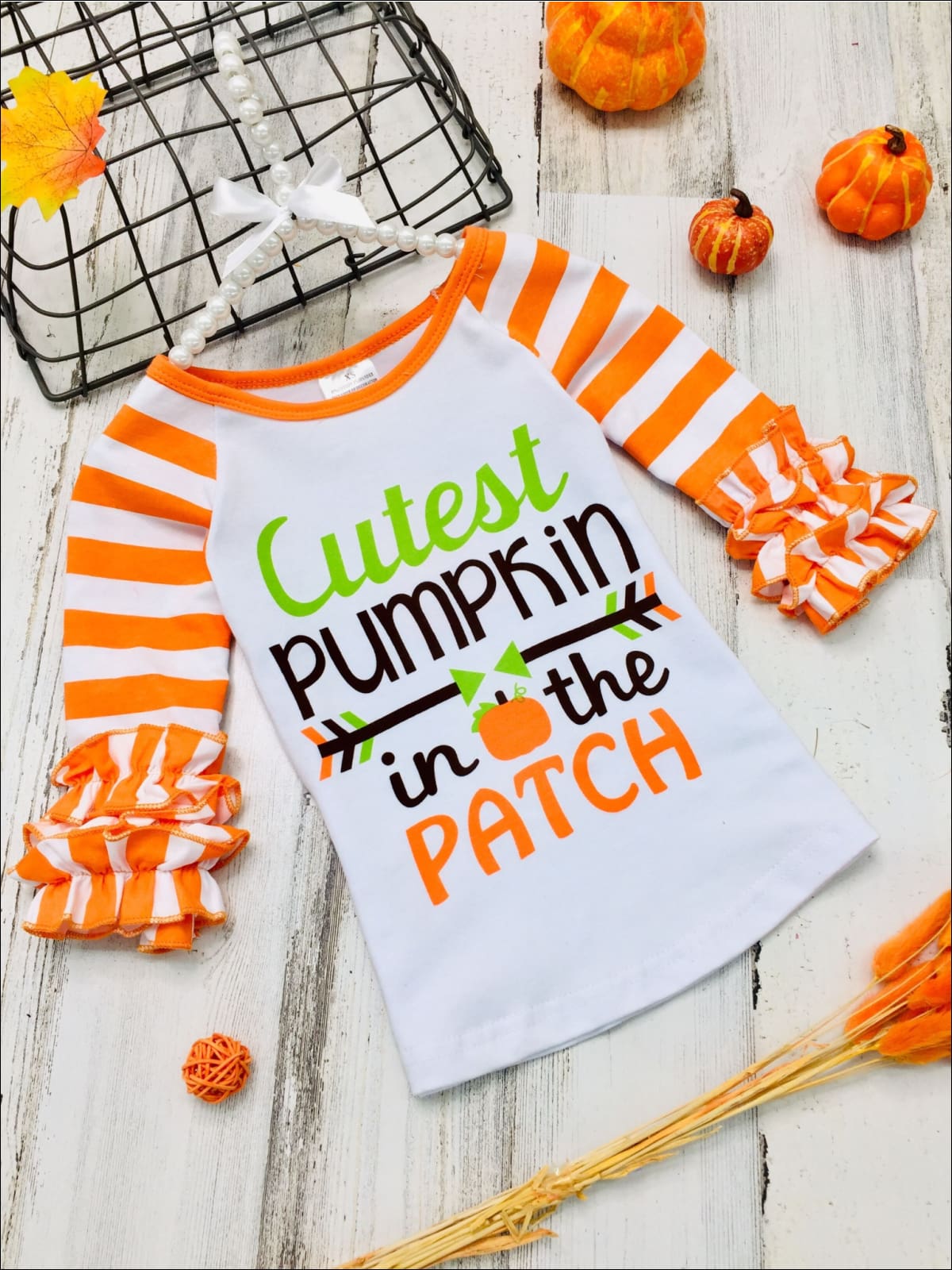 Girls Cutest Pumpkin in the Patch Long Striped Ruffled Raglan Sleeve Top - Orange / 2T - Girls Fall Top