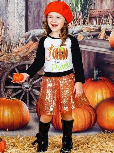 Girls Cutest Pumpkin in the Patch Printed Long Sleeve Raglan Top & Sequin Skirt Set - Girls Fall Casual Set