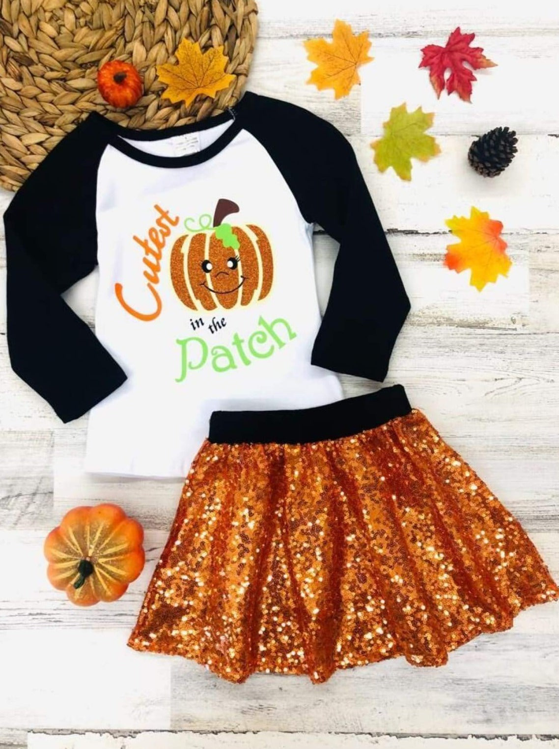 Girls Cutest Pumpkin in the Patch Printed Long Sleeve Raglan Top & Sequin Skirt Set - Orange / S-3T - Girls Fall Casual Set