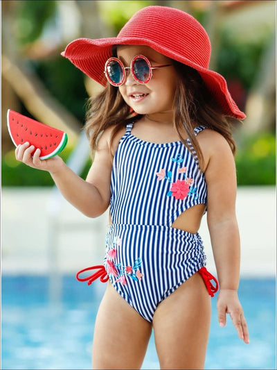 Girls Cutout Floral Striped One Piece Swimsuit - Navy / 2T/3T - Girls One Piece Swimsuit