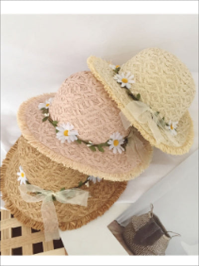 Girls Daisy Adorned Floppy Straw Hat - Girls Hats