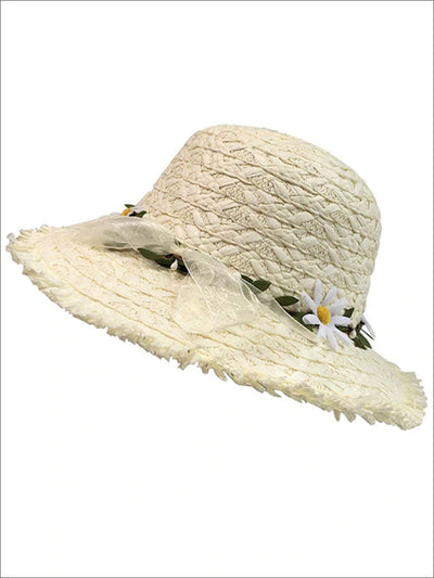 Girls Daisy Adorned Floppy Straw Hat - Ivory - Girls Hats