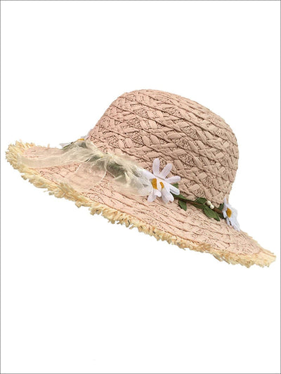Girls Daisy Adorned Floppy Straw Hat - Pink - Girls Hats