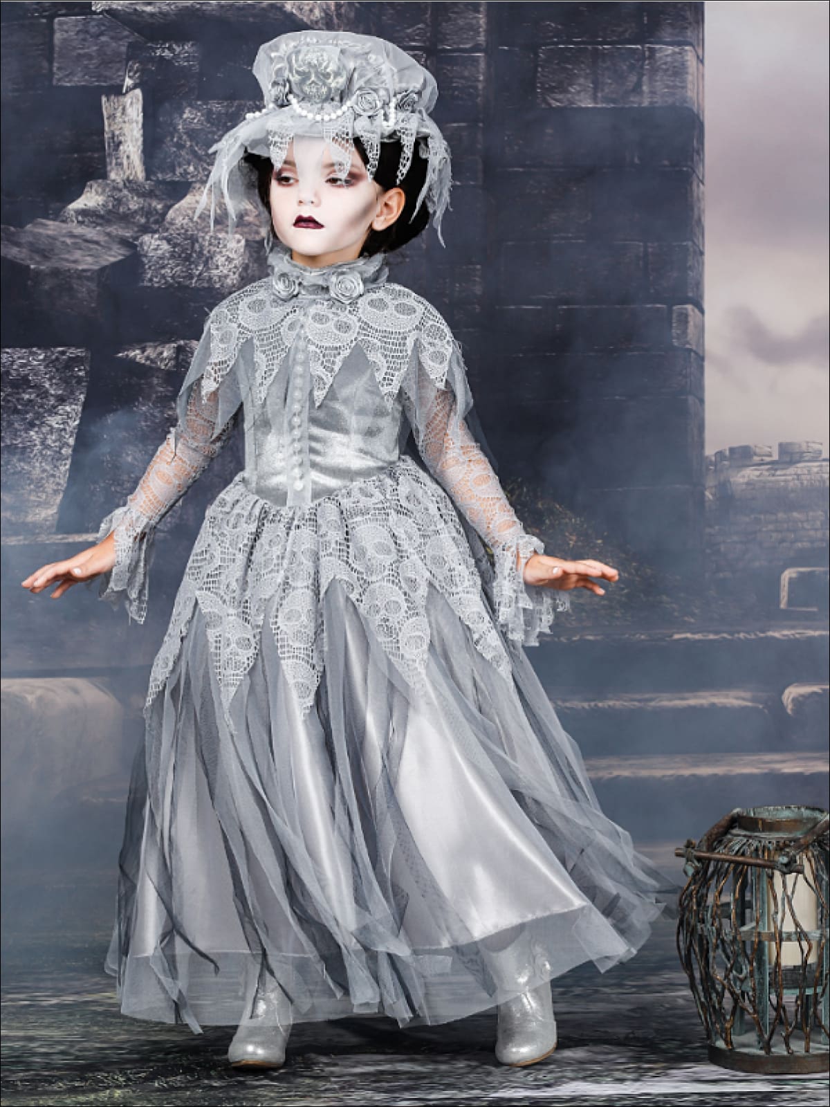 Girls Deluxe Haunted Victorian Ghost (Phantom) Halloween Costume - Grey / 4T - Girls Halloween Costume