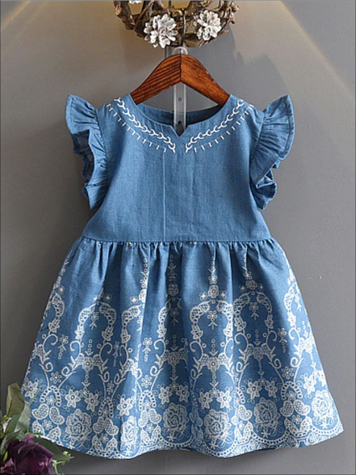 Little Girls Spring Dress | Flutter Sleeve Embroidered Chambray Dress ...