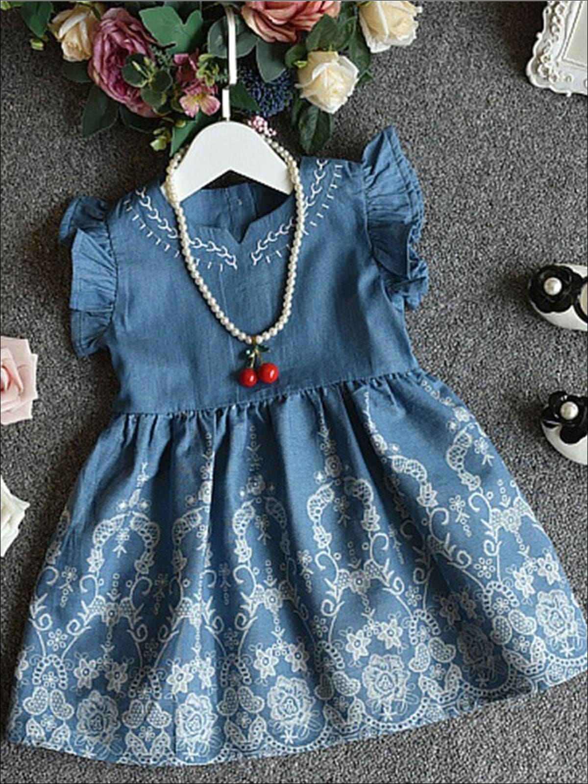 Little Girls Spring Dress | Flutter Sleeve Embroidered Chambray Dress ...