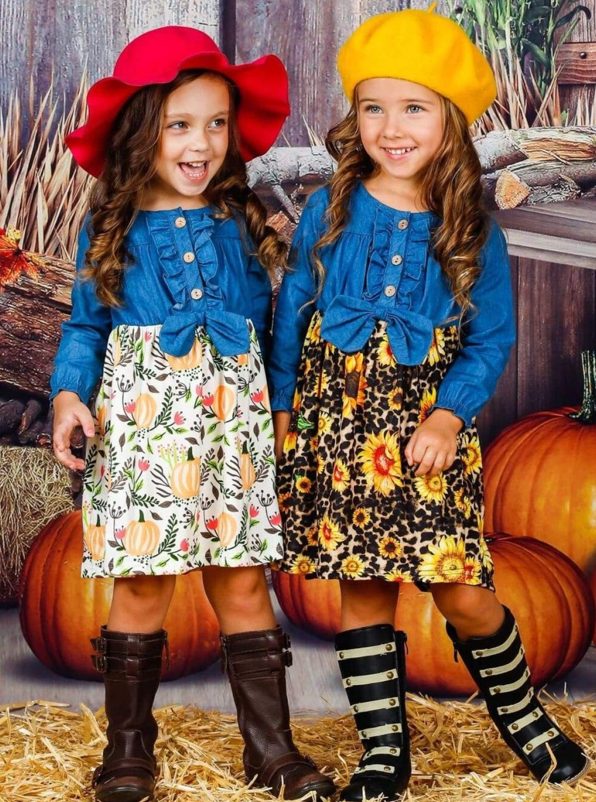 Little Girls Fall Dress | Chambray Top Floral Dress - Mia Belle Girls