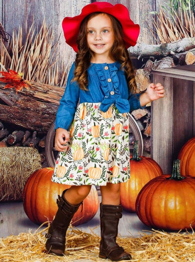 Little Girls Fall Dress | Chambray Top Pumpkin Dress - Mia Belle Girls