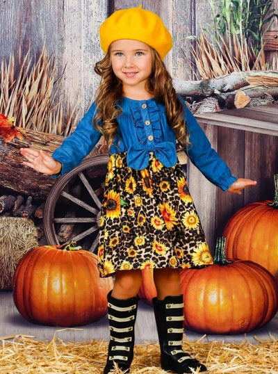 Little girls fall long-sleeve dress with a button-down chambray bodice and a leopard print/sunflower skirt - Mia Belle Girls