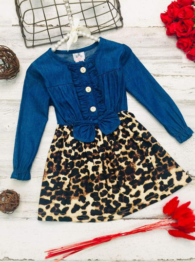 Girls Denim Printed Ruffled Button Down Long Sleeve Dress with Bow - Brown / 2T - Girls Fall Casual Dress