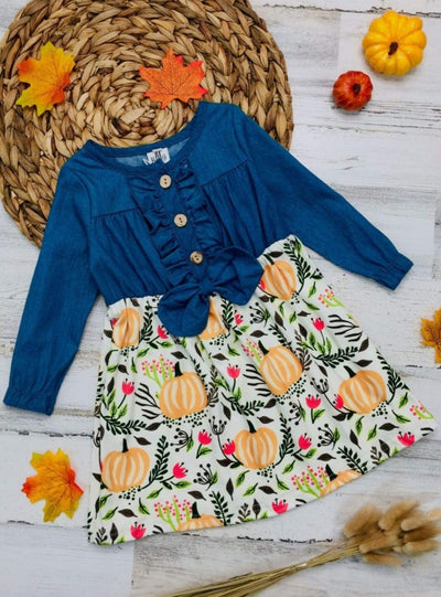 Girls Fall long-sleeve dress with a button-down chambray bodice and a pumpkin print skirt - Mia Belle Girls