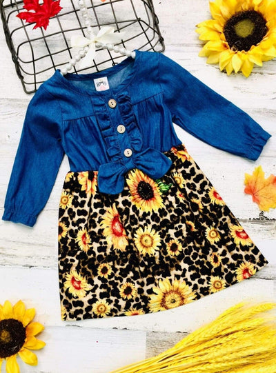 Little girls fall long-sleeve dress with a button-down chambray bodice and a leopard print/sunflower skirt - Mia Belle Girls