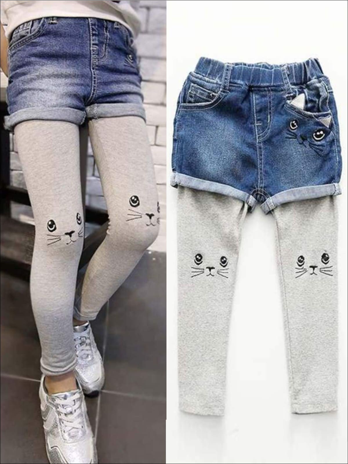 Kids Denim Clothes | Built In Cat Legging Denim Shorts | Mia Belle Girls