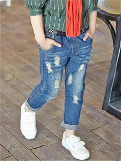 Kids Denim Clothes | Distressed Faded Cuffed Jeans | Mia Belle Girls