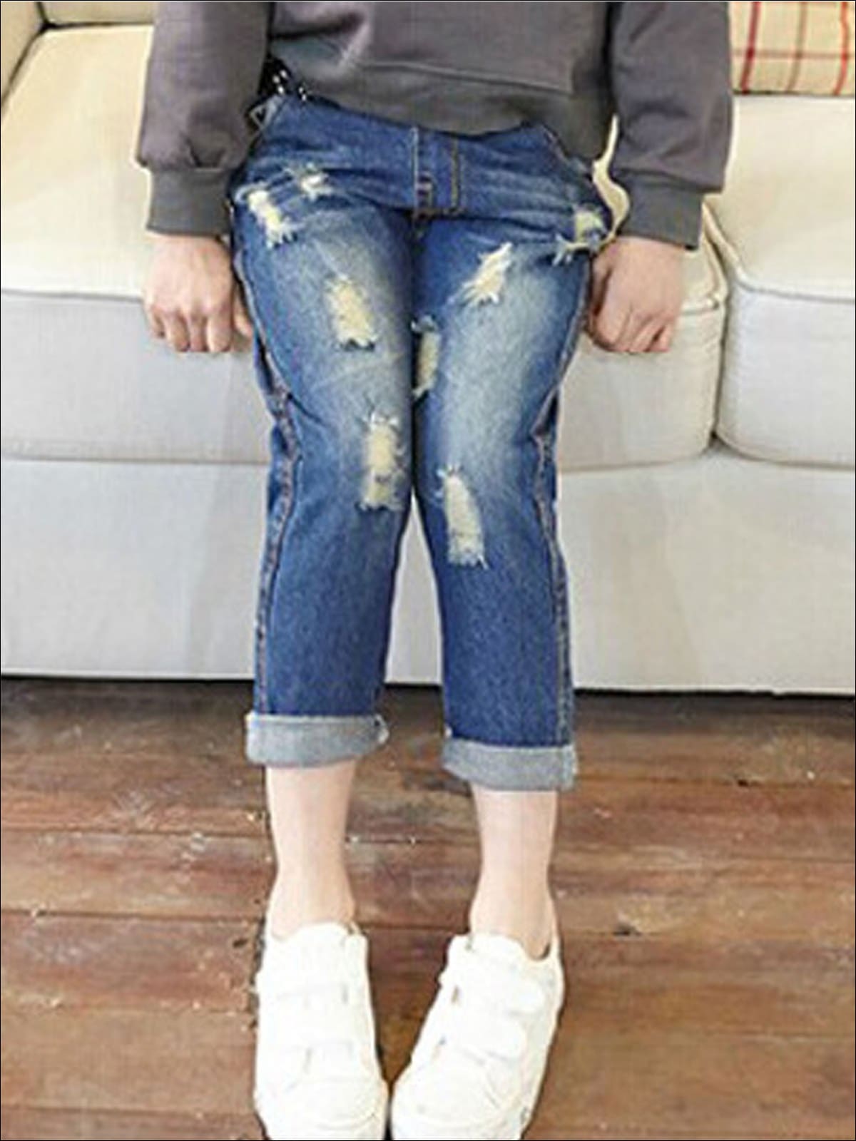 Kids Denim Clothes | Distressed Faded Cuffed Jeans | Mia Belle Girls