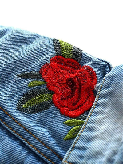 Girls Distressed Denim Jacket with Rose Embroidery - Girls Jacket