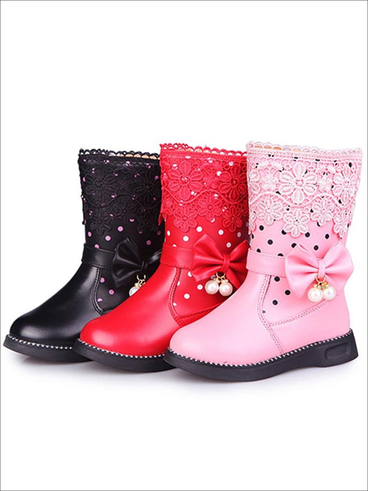 Girls Dotted & Lacey Bow Applique Mid-Calf Princess Boots - Girls Boots