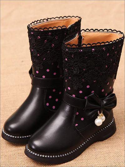 Girls Dotted & Lacey Bow Applique Mid-Calf Princess Boots - Black / 1 - Girls Boots