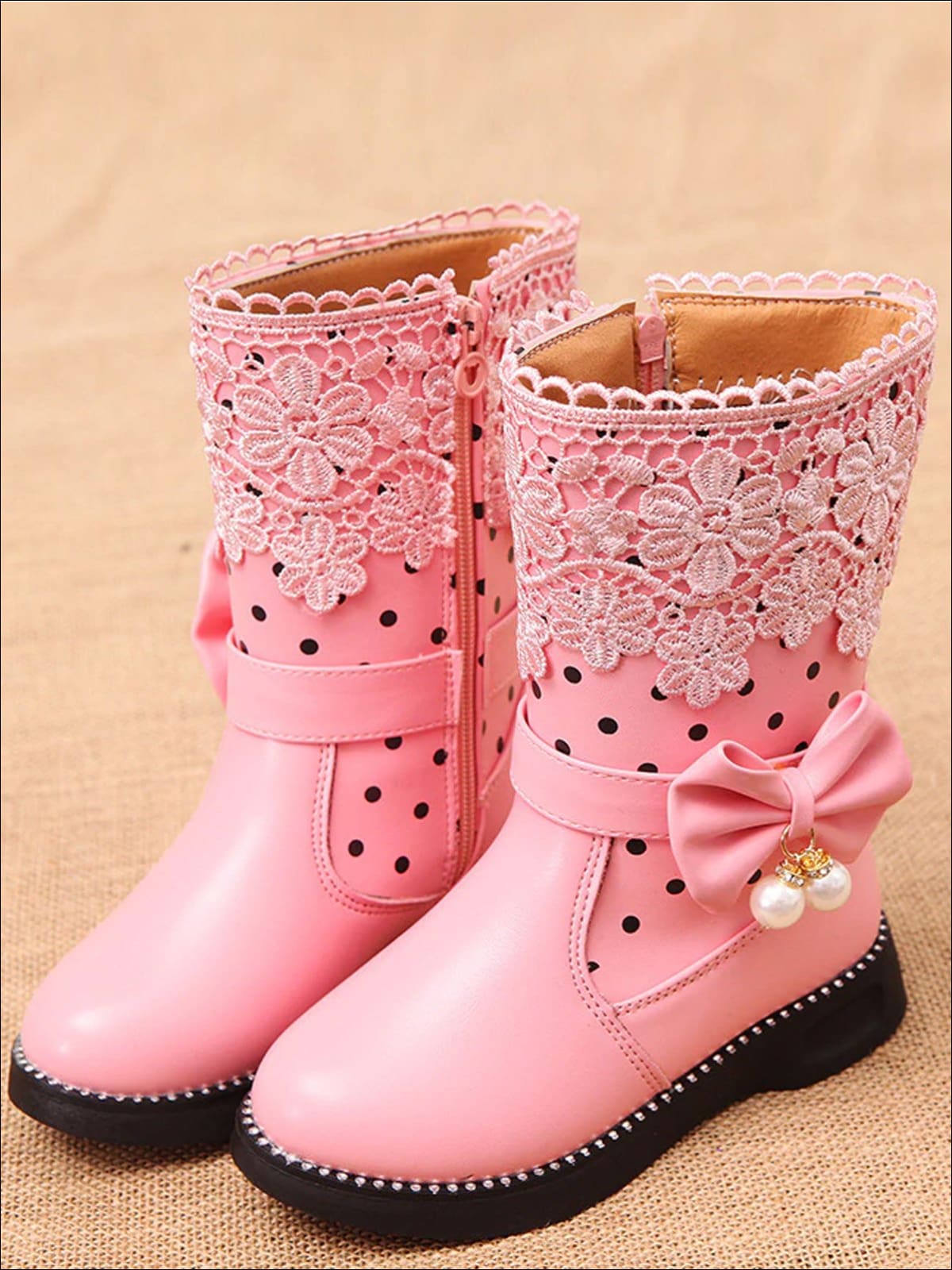 Girls Dotted & Lacey Bow Applique Mid-Calf Princess Boots - Pink / 1 - Girls Boots