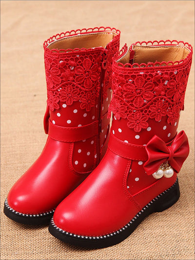 Girls Dotted & Lacey Bow Applique Mid-Calf Princess Boots - Red / 1 - Girls Boots