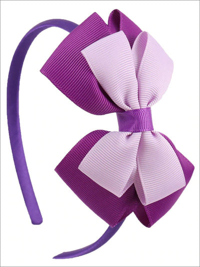 Mia Belle Girls Double Bow Ribbon Headband | Girls Accessories- Purple - Hair Accessories