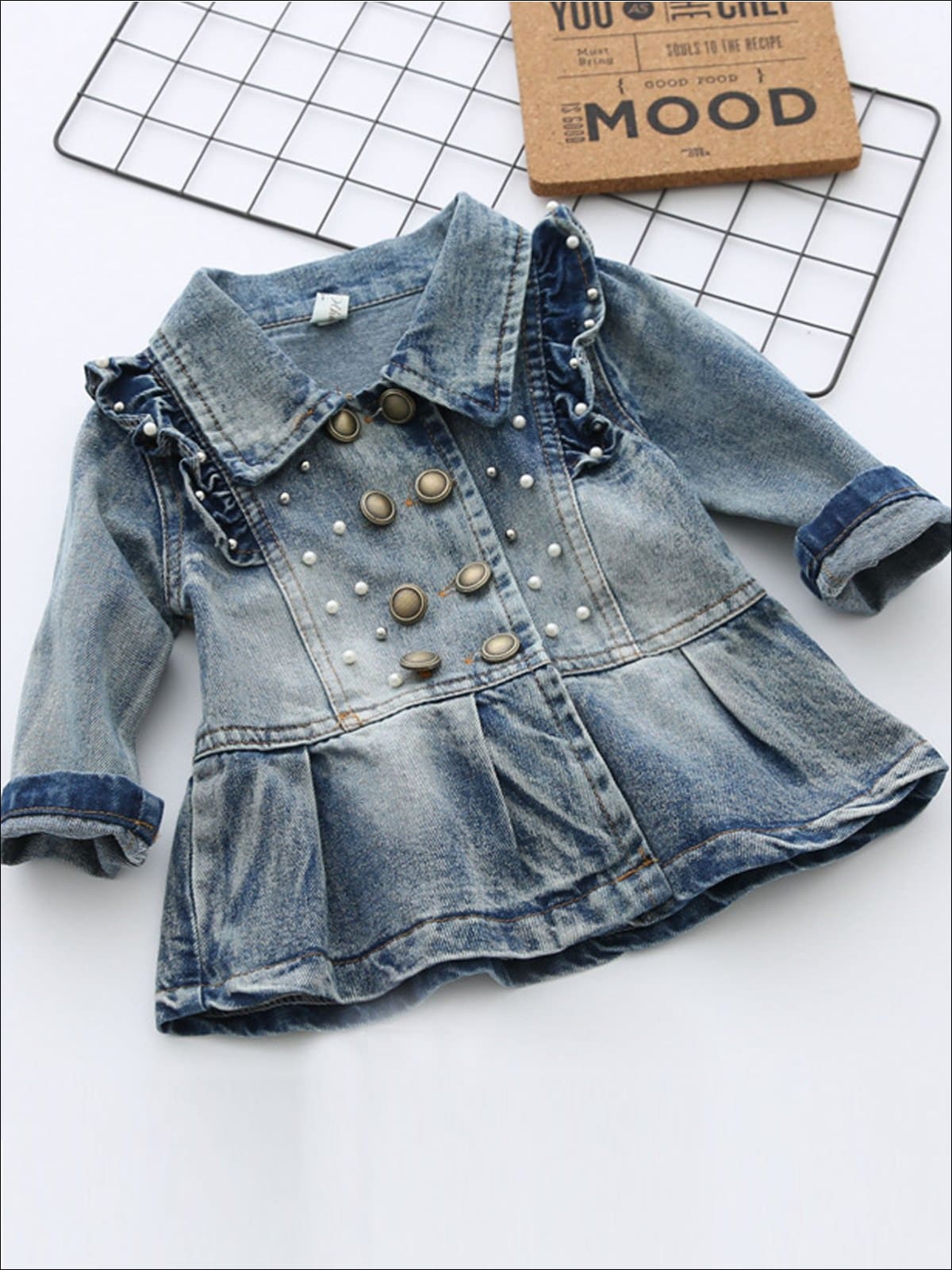 Girls Double Breasted A-Line Denim Jacket with Ruffle and Pearl Appliques - Denim / 2T - Girls Jacket