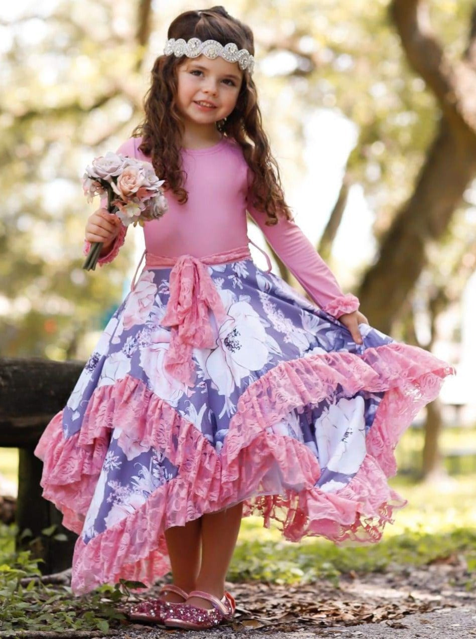 Girls Double Layer Handkerchief Dress with Lace Ruffles - Girls Fall Dressy Dress