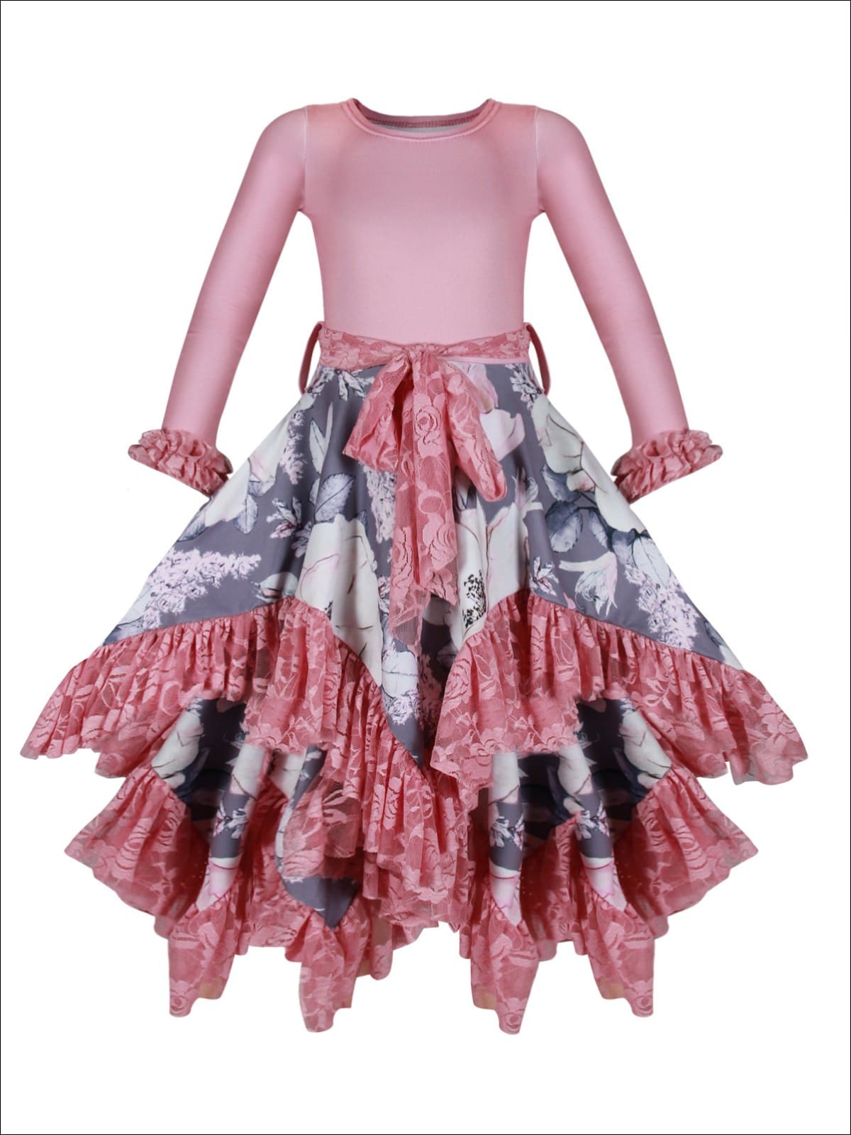 Girls Double Layer Handkerchief Dress with Lace Ruffles - Pink / 2T-3T - Girls Fall Dressy Dress