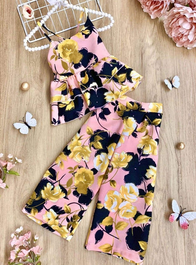 Girls Spring Outfits | Floral Double Ruffle Top and Wide Leg Pants Set