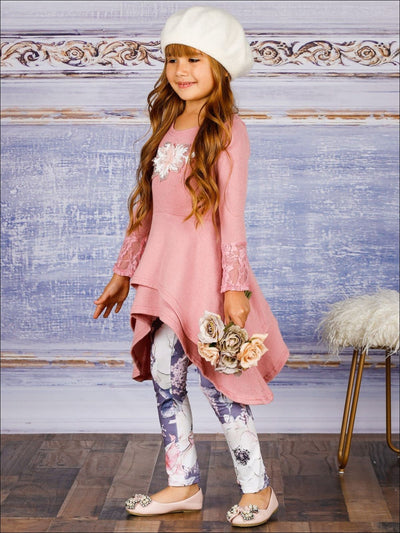 Girls Double Tiered Side Tail Applique Tunic & Printed Leggings Set - Girls Fall Dressy Set