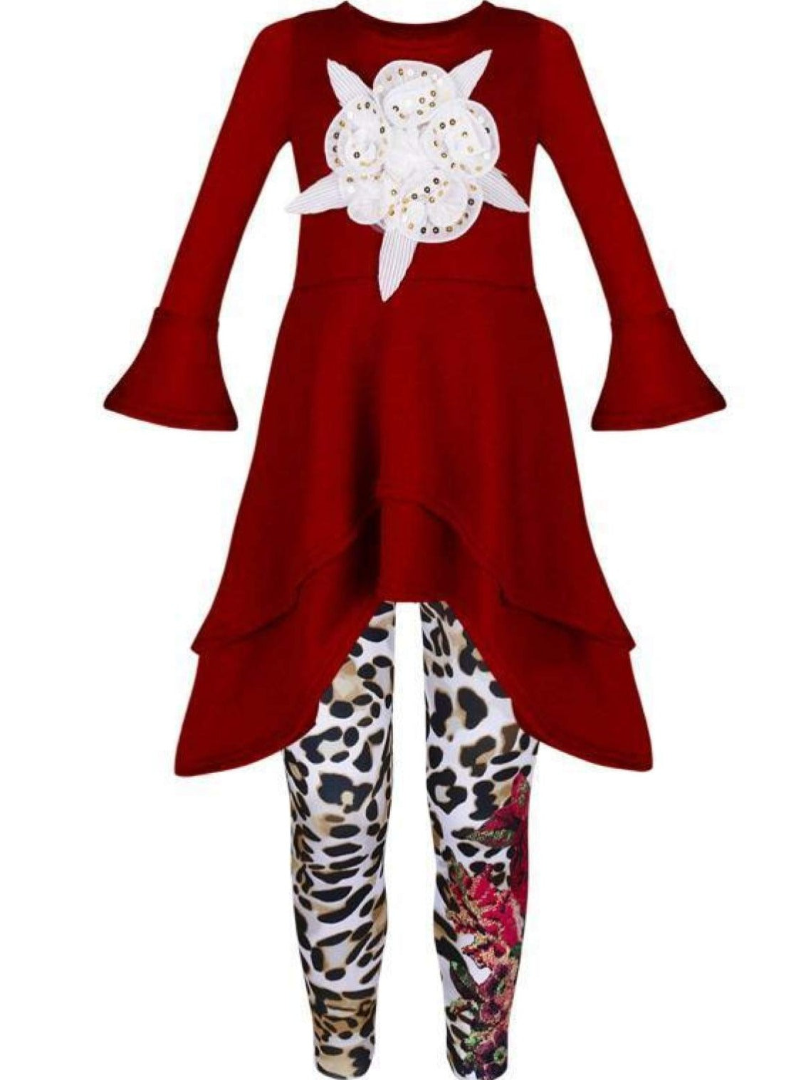 Girls Double Tiered Side Tail Applique Tunic & Printed Leggings Set - Burgundy / 2T/3T - Girls Fall Dressy Set