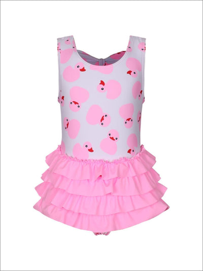 Girls Duckies Print Layered Ruffled Skirted One Piece Swimsuit - Pink / 2T - Girls One Piece Swimsuit