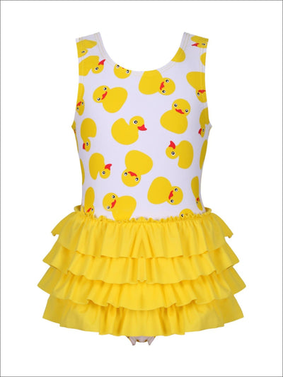 Girls Duckies Print Layered Ruffled Skirted One Piece Swimsuit - Yellow / 2T - Girls One Piece Swimsuit