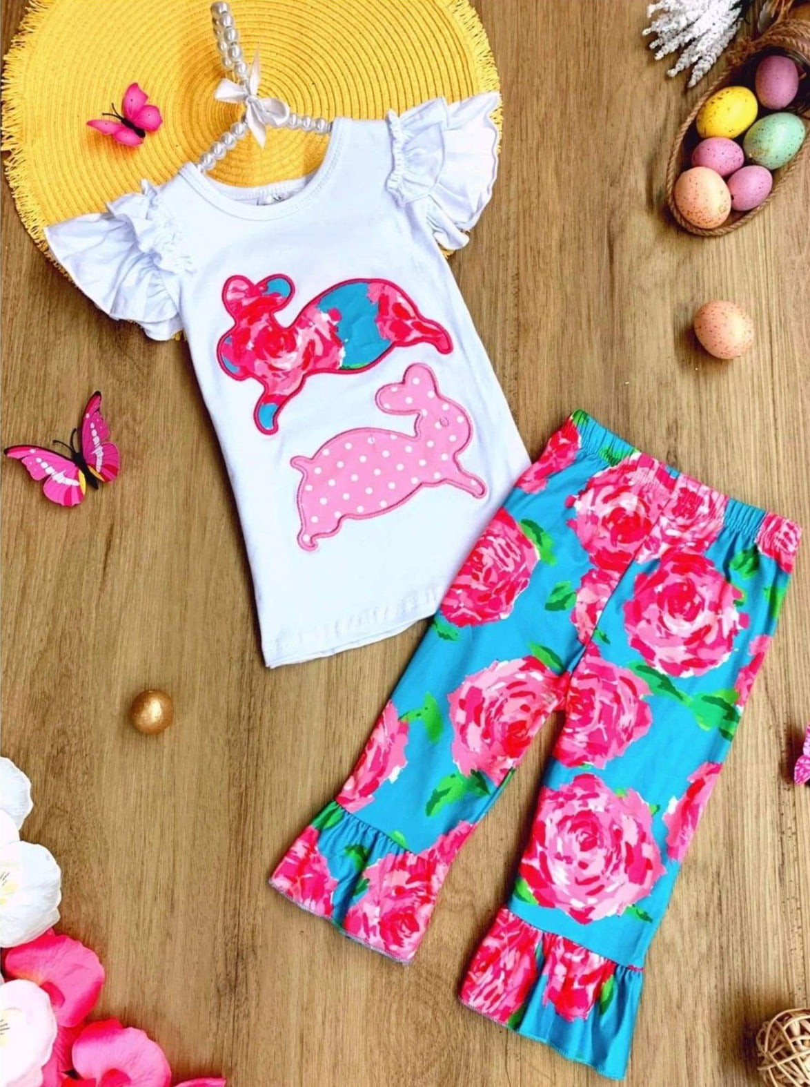 Girls Bunny Hop Flutter Sleeve Top & Floral Ruffled Capri Leggings Set