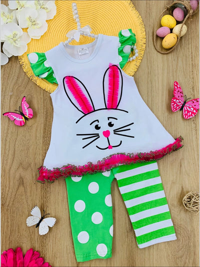 Girls Easter Flutter Sleeve Ruffled Mesh Bunny Tunic & Leggings Set - Green / XS-2T - Girls Easter Set