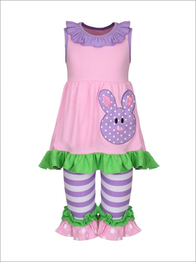 Girls Easter Ruffled Applique Tunic & Striped Ruffled Capri Leggings Set - Pink / XS-2T - Girls Easter Set