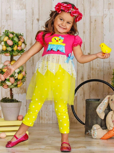 Girls Spring Easter-themed set features ruffle sleeves, chick applique, and two-tier sequin tulle hem with stretchy polka dot capris-length leggings for 2T to 10Y toddlers and girls