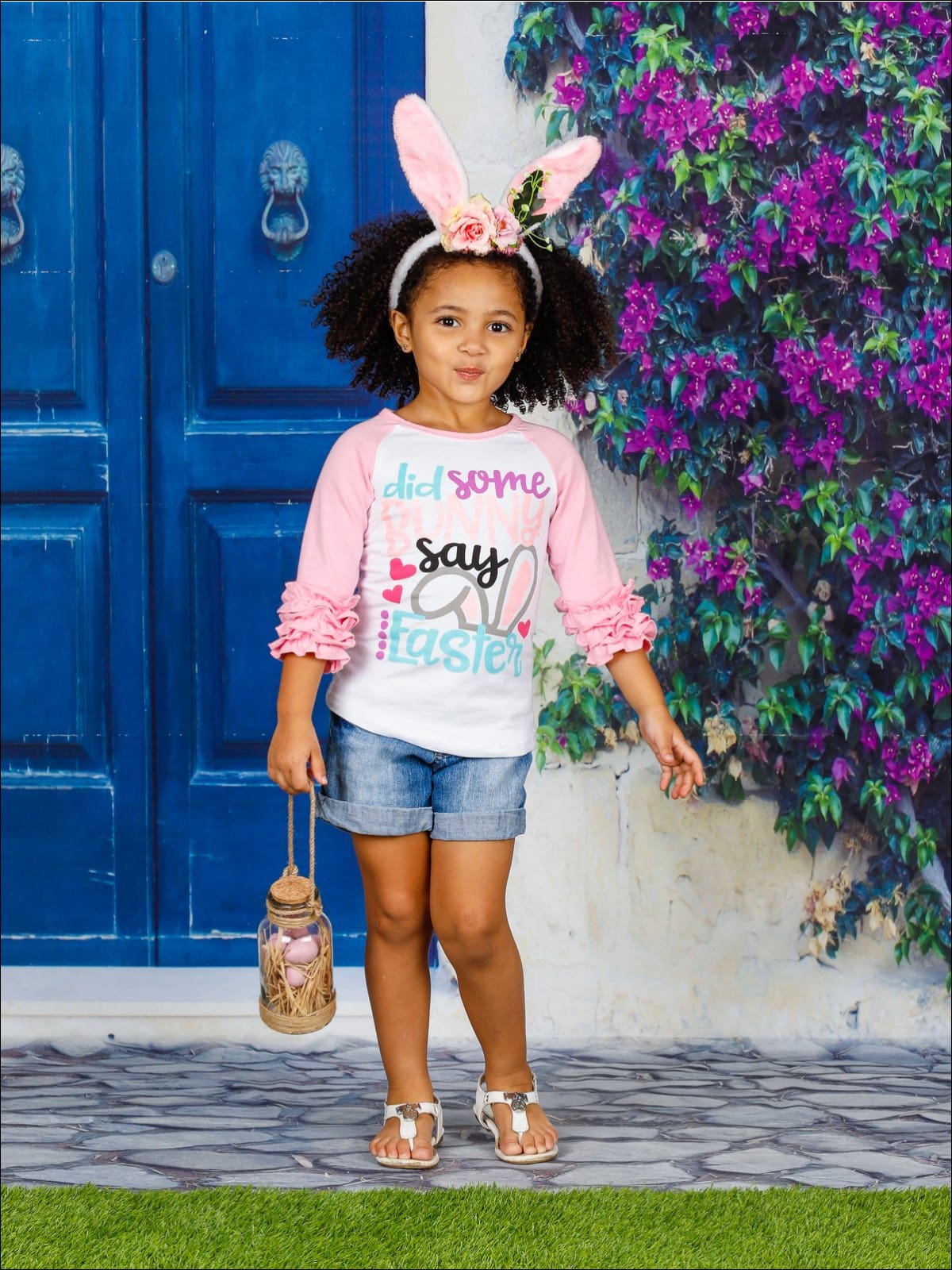 Girls Easter Themed Did Some Bunny Say Easter Long Raglan Sleeve Ruffled Top - Girls Spring Top