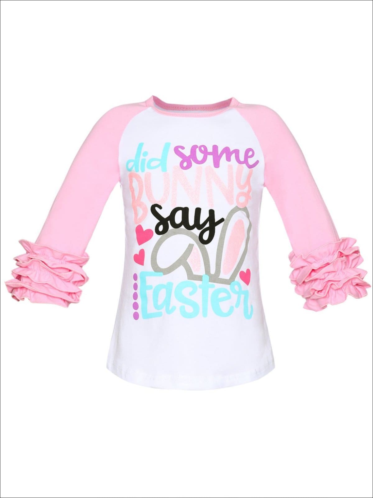 Girls Easter Themed Did Some Bunny Say Easter Long Raglan Sleeve Ruffled Top - Pink / XS-2T - Girls Spring Top